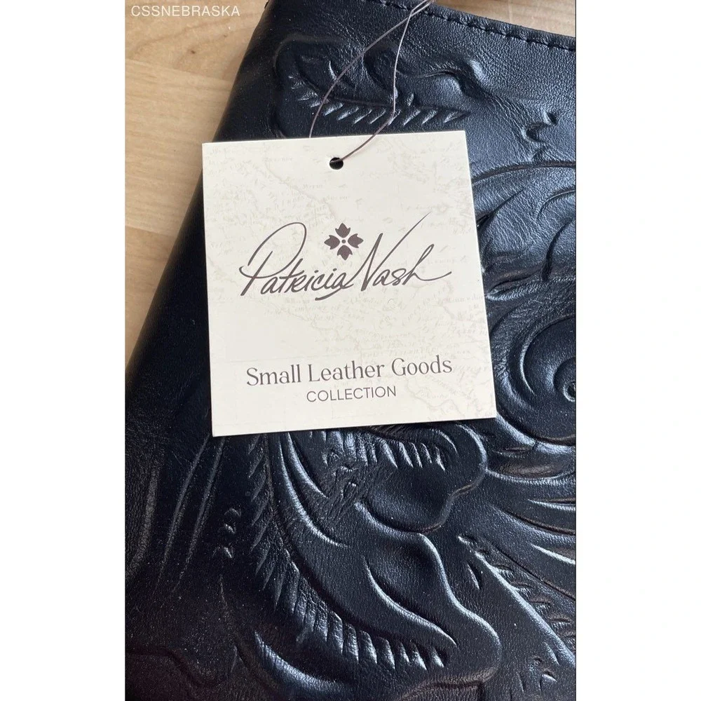 Patricia Nash Black Tooled Leather Cassini Wristlet Pouch Floral Embossed NWT